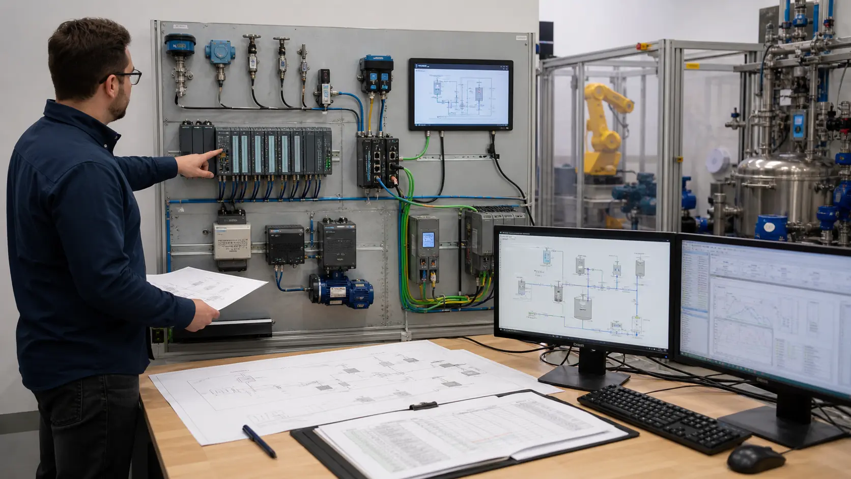 a controls engineer tracing sensors, PLC, network, HMI, drive, robot and process equipment on a system test wall while studying industrial automation component roles and system boundaries