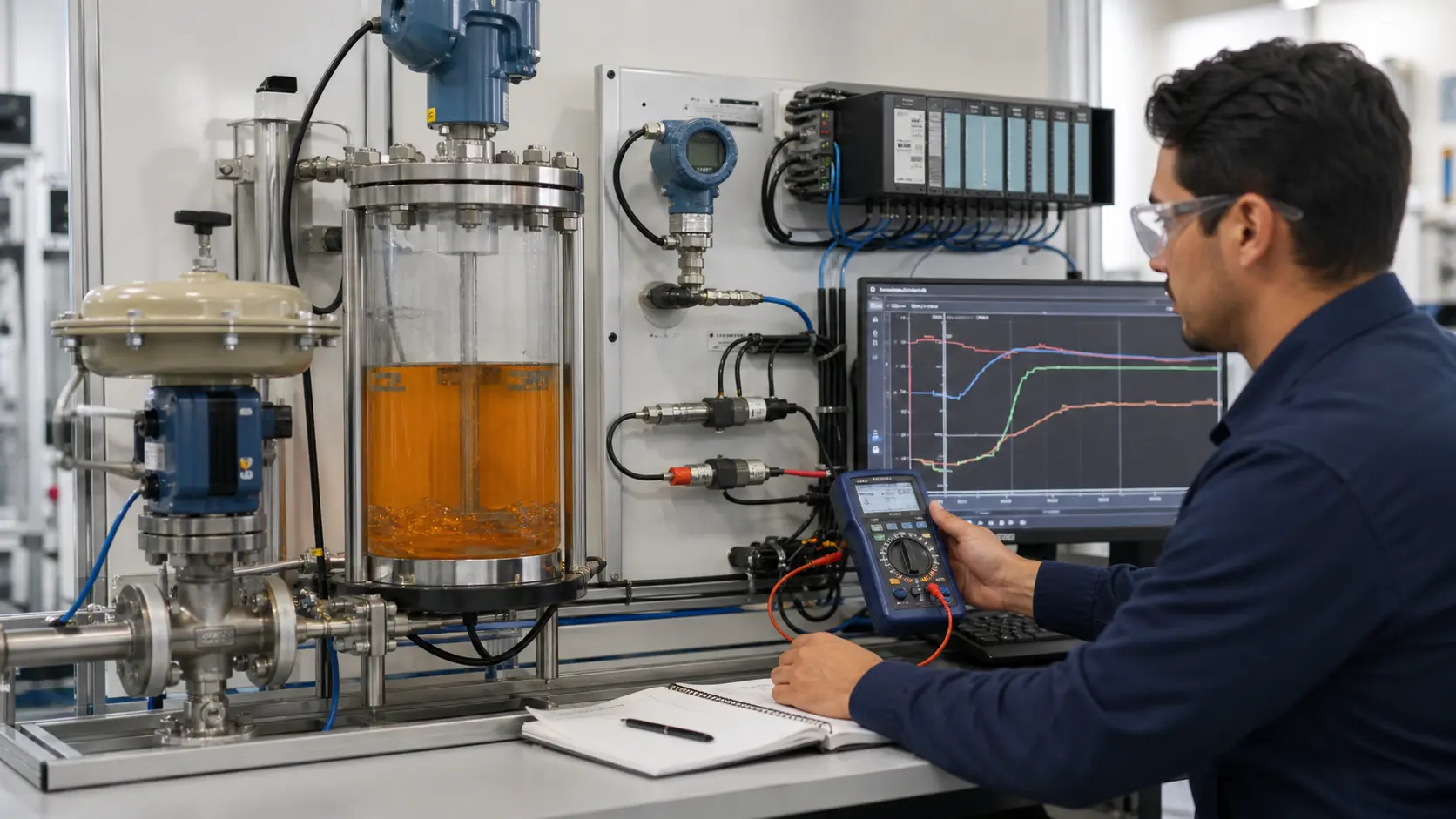 an instrumentation engineer correlating a process skid, transmitter, calibrator, PLC trend and actuator response while studying temperature PID response, tuning and fault diagnosis