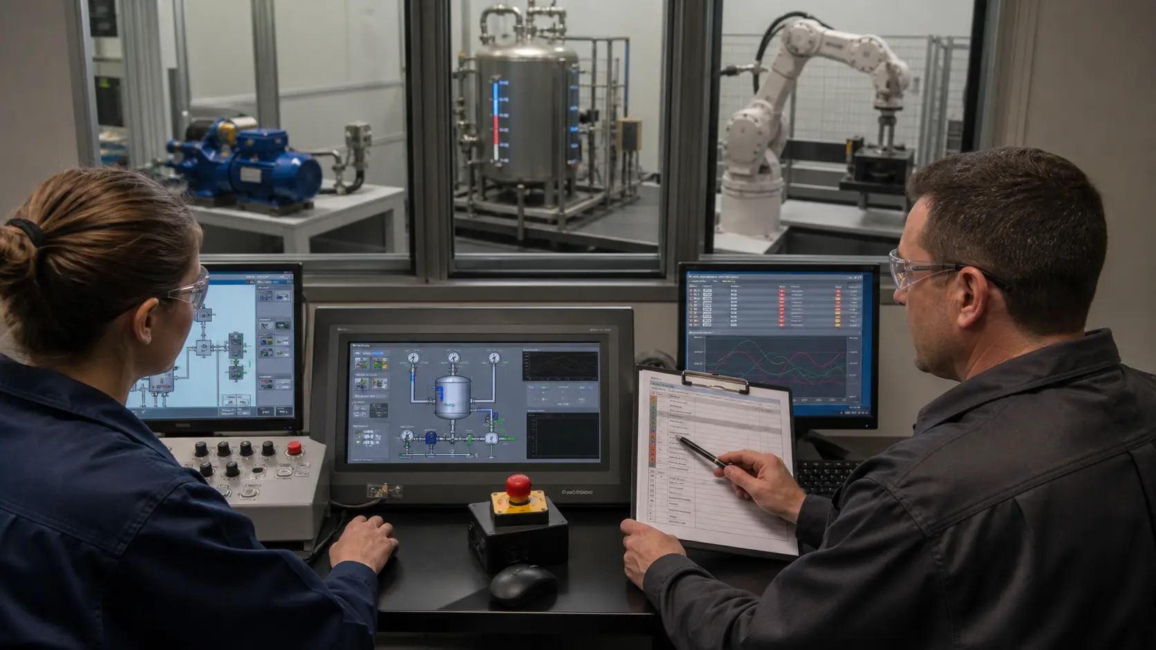 an operator and instructor reviewing alarm, trend, machine-state and recovery evidence in a simulation control room while studying motor start-stop, run proof and fault-monitoring scenario