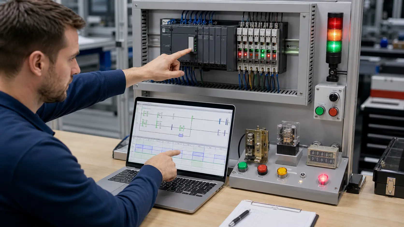 an automation engineer correlating ladder logic, scan timing, PLC I/O and a controlled test result at a debug bench while studying progressive PLC programming problems with observable acceptance evidence