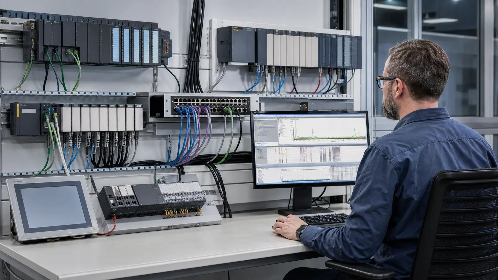 a controls engineer comparing generic PLC racks, remote I/O, industrial switching and protocol evidence in a platform lab while studying Omron PLC learning and target-platform transfer