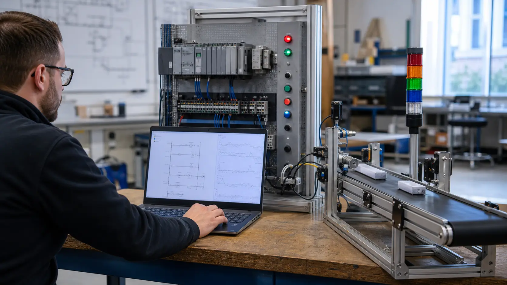an automation engineer correlating PLC state, scan evidence and a controlled conveyor response at a logic diagnostics workstation while studying PLC TON, TOF and retentive timer selection and tests