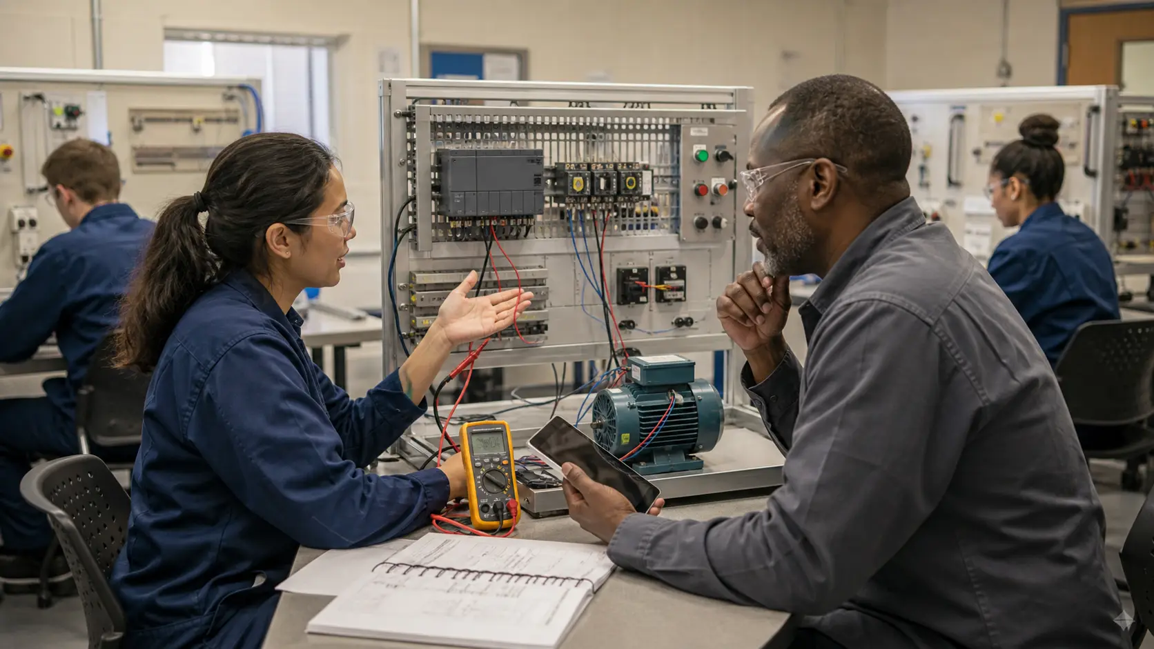 a process technician correlating instruments, PLC state, pump, valve and trend response on a safe pilot training skid while studying PLC temperature measurement, control and diagnostic evidence