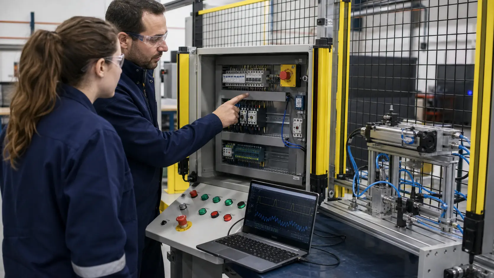 an instructor and maintenance learner tracing a guarded safety and actuator signal path in an isolated diagnostic cell while studying pneumatic cylinder actuation, sensing and PLC control