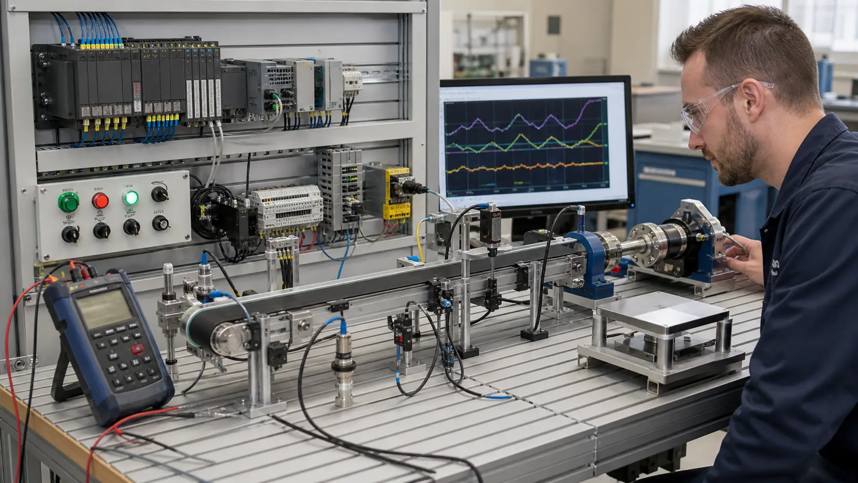 a technician tracing realistic industrial sensors, signal wiring, PLC inputs and measured trends at an instrumentation learning bench while studying rotary encoder selection, wiring and PLC signal interpretation