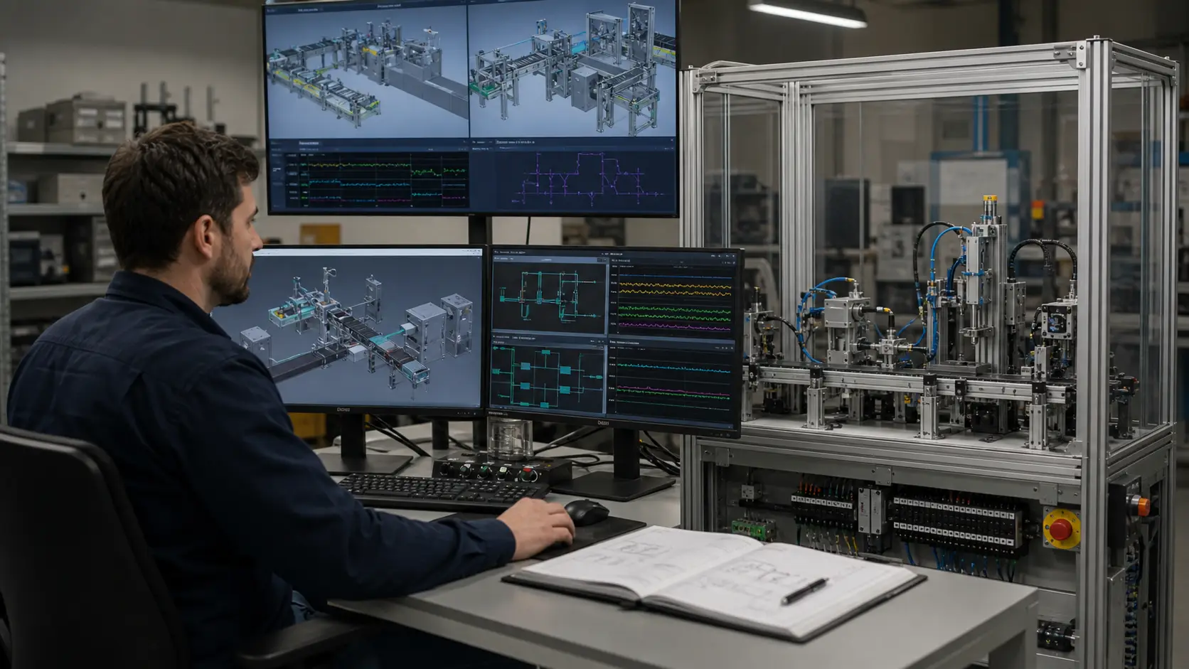 an engineer comparing a digital factory model, PLC sequence evidence and a guarded physical training cell in a virtual commissioning studio while studying factory process, control and virtual-commissioning software selection