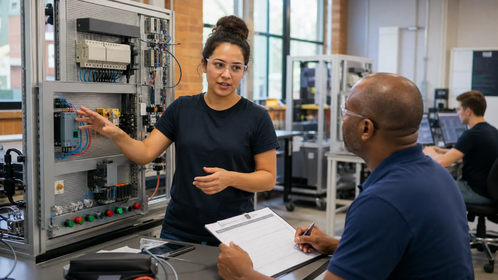 an adult learner explaining PLC and machine evidence to an assessor in a vocational automation laboratory while studying PLC certification, training evidence and job relevance
