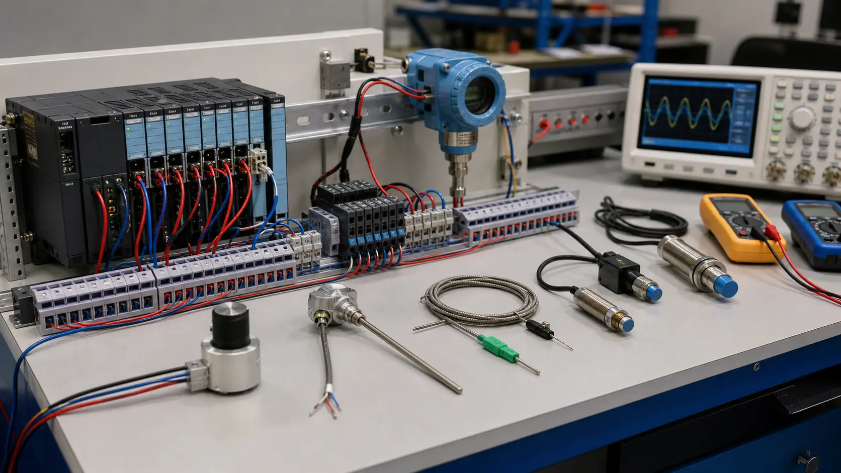 an isolated instrumentation bench connecting realistic sensors, signal conditioning, PLC channels and measurement evidence while studying potentiometer position and analog-input measurement