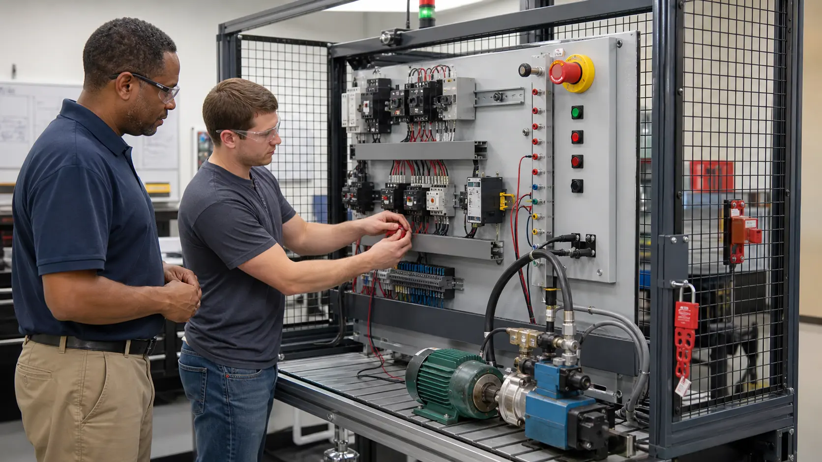 an instructor and adult learner tracing contactors, protection, emergency stopping and actuator response in a guarded diagnostic cell while studying emergency-stop device, control chain and reset boundaries