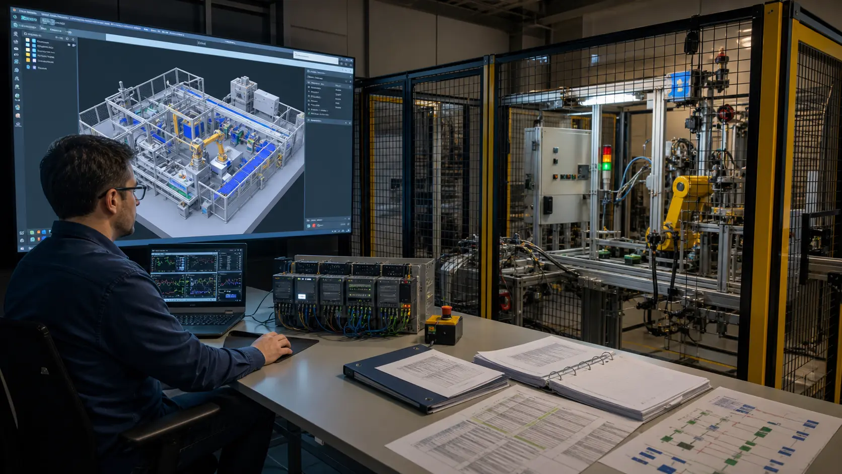 a controls engineer comparing a plant simulation model, physical training cell, PLC evidence and versioned test records while studying plant simulation, control testing and virtual commissioning selection