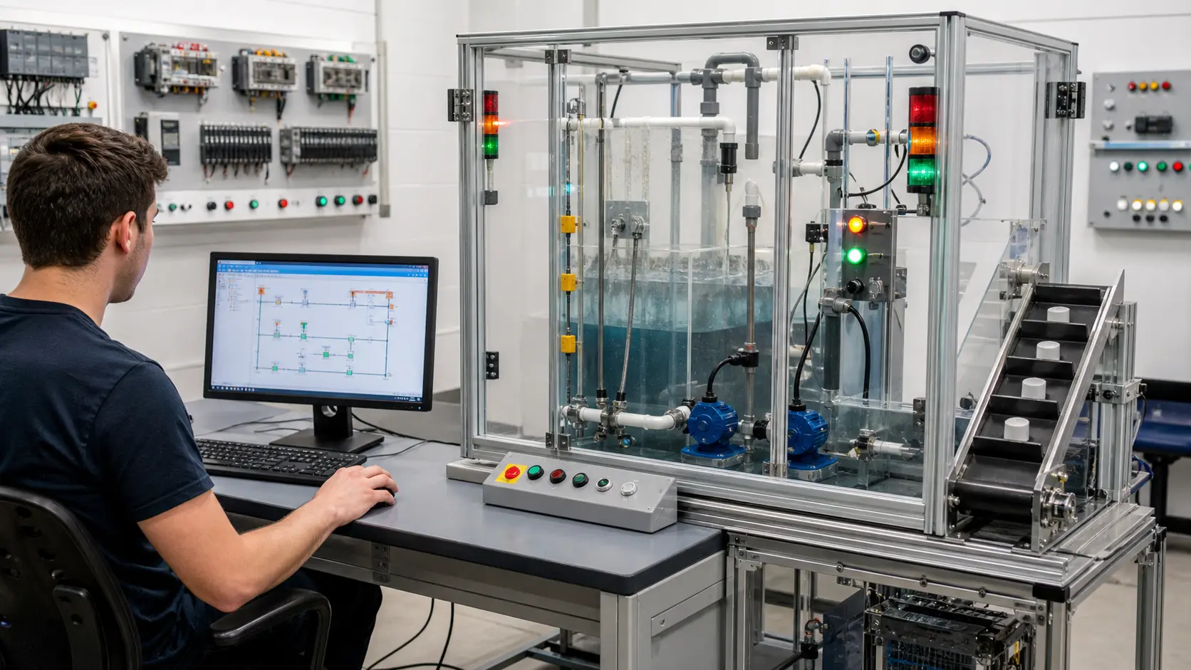 a browser PLC workstation connected to a guarded pump, level and conveyor training rig for repeatable control cases while studying lead-lag duplex pump sequencing, level and fault response