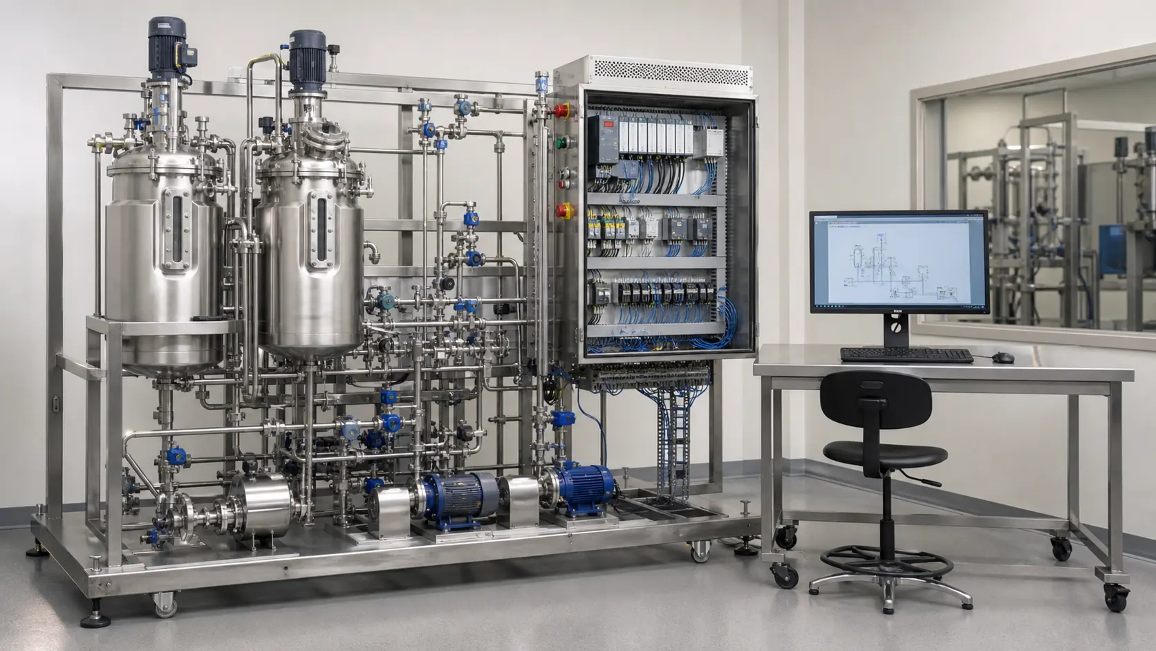 a stainless process-automation training skid connecting instruments, valves, pumps, generic PLC I/O and a browser workstation while studying food-process control, sanitation and production evidence