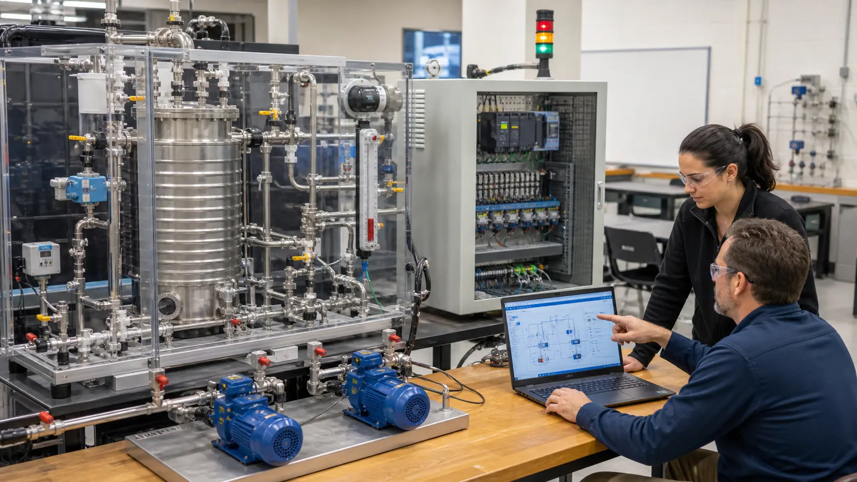 an instructor and technician validating chiller and duty-standby pump control on a stainless process training rig with visible instruments and feedback while studying conveyor sorting sequence, tracking and reject evidence