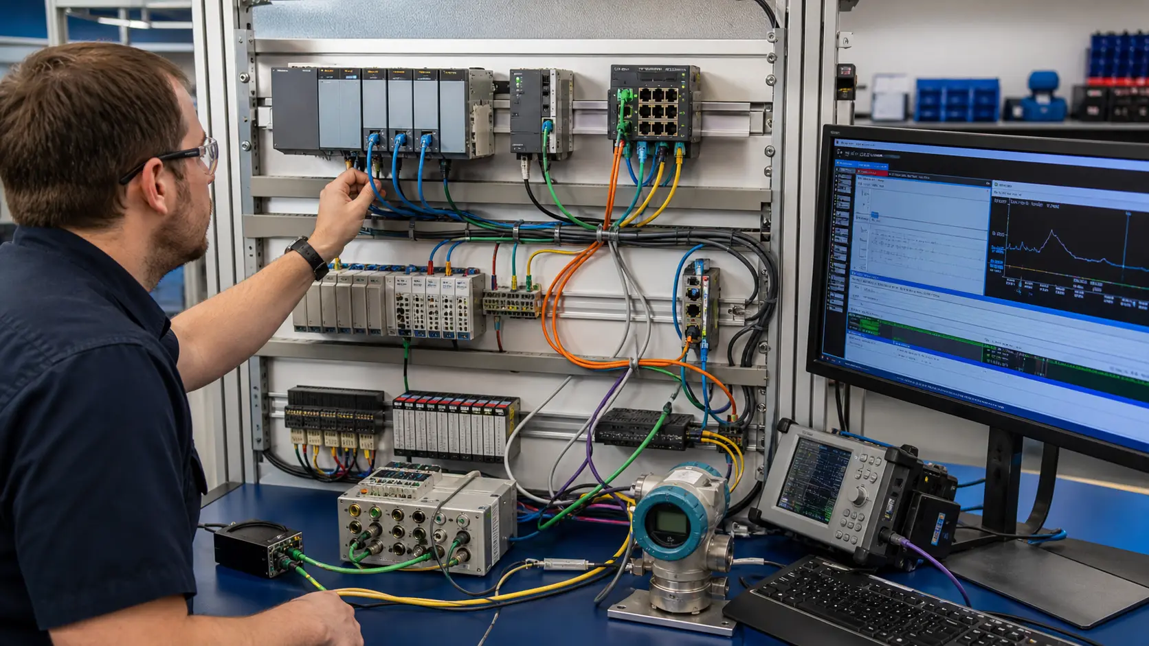 an industrial network diagnostics lab connecting generic controllers, distributed I/O, serial and Ethernet paths to protocol traces and process values while studying PLC-to-SCADA tags, alarms, commands and fault diagnosis
