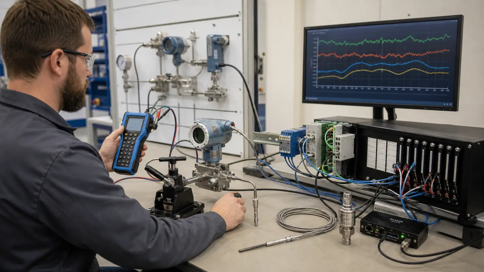 an instrumentation diagnostics bench connecting pressure, temperature and smart transmitters to isolated analog channels and time-aligned trend evidence while studying analog measurement quality and PID tuning evidence