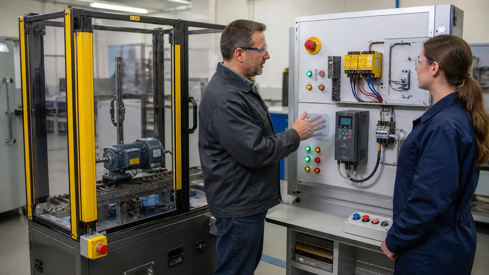 a guarded machinery training cell used to inspect emergency stopping, safety relays, light curtains, overload protection and drive safe-torque-off boundaries while studying safety relay inputs, reset, outputs and diagnostic boundaries