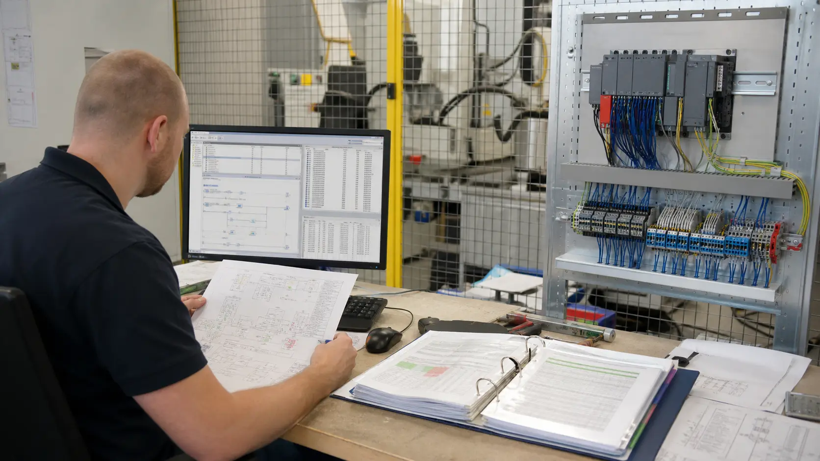 a controls engineer cross-referencing a PLC variable table, I/O schedule, electrical drawing and repeatable test evidence at a guarded automation cell while studying simulation scope, excluded claims and target validation