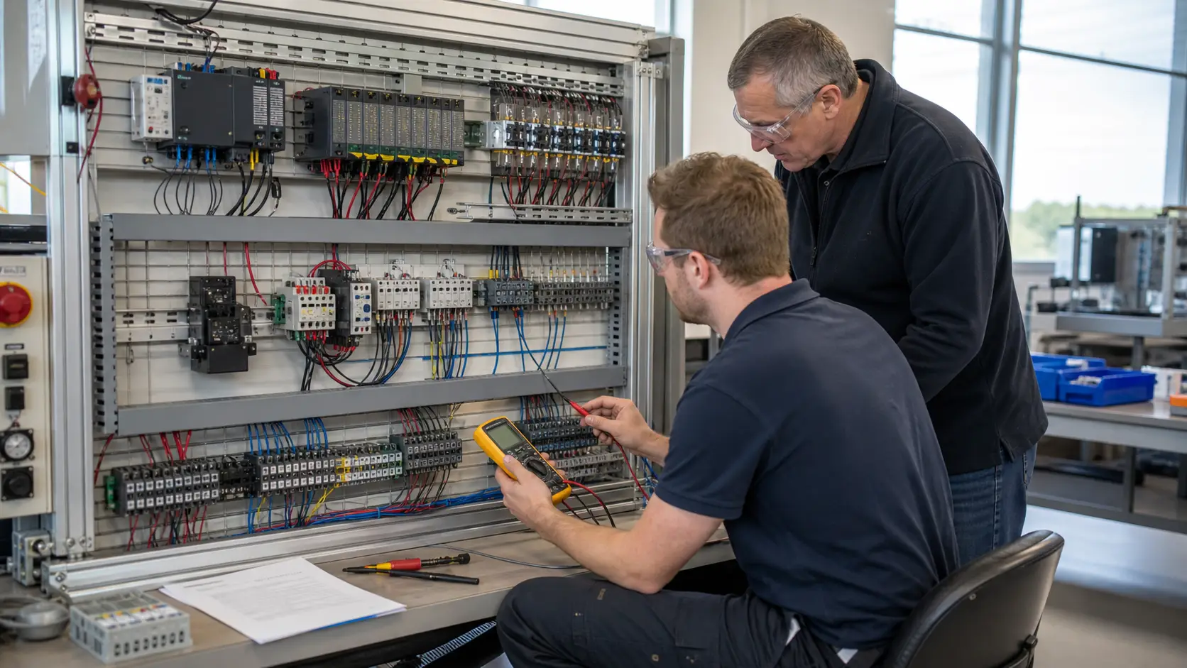 a supervised industrial electrical bench used to trace 24 VDC control power, terminals, relay contacts and PLC I/O with a correctly selected meter while studying automation component roles, interfaces and selection evidence