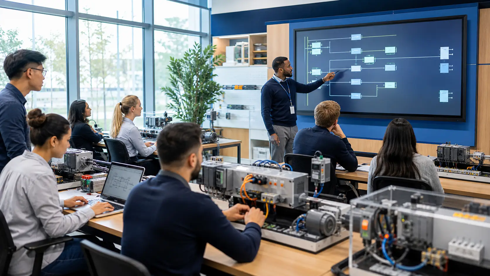 a diverse group of adult automation learners working with an instructor around browser workstations and a safe physical training panel while studying complete PLC curriculum, practice, assessment and transfer evidence