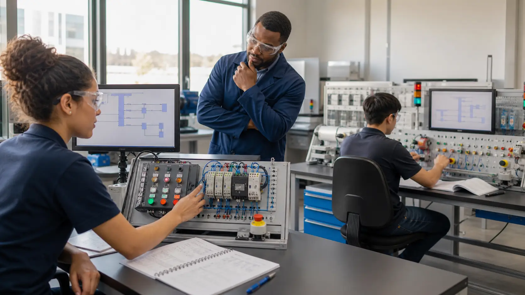 an adult PLC learner explaining a tested program, fault record and practical assessment evidence to an instructor while studying PLC programming fundamentals from I/O through tested machine behavior