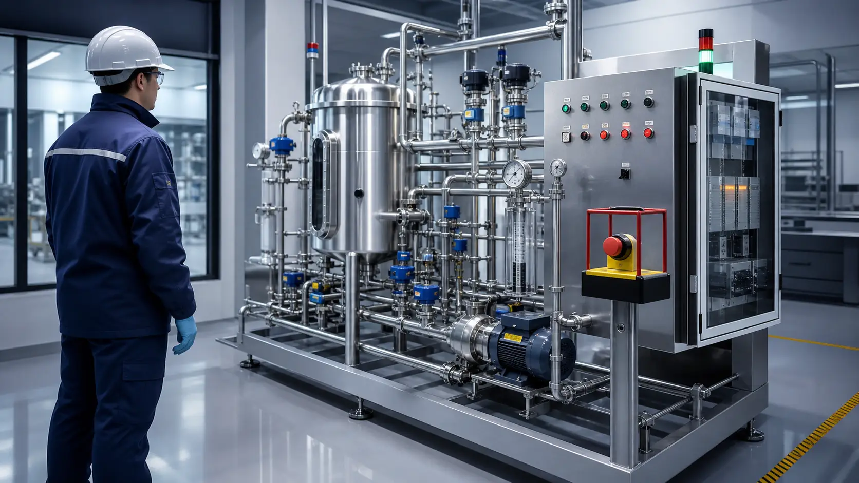 a guarded stainless process training skid used to validate clean-in-place and emergency-shutdown sequence states, instruments and feedback while studying CIP phase sequencing, permissives, proof, hold and recovery
