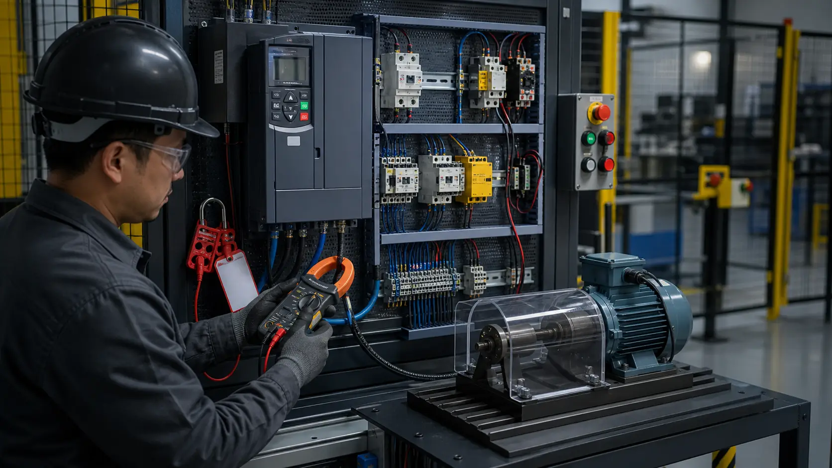 a guarded motor-control training cell used to commission contactors, protection, a variable-frequency drive and independent speed feedback while studying jog versus maintained-run logic, priority and restart behavior