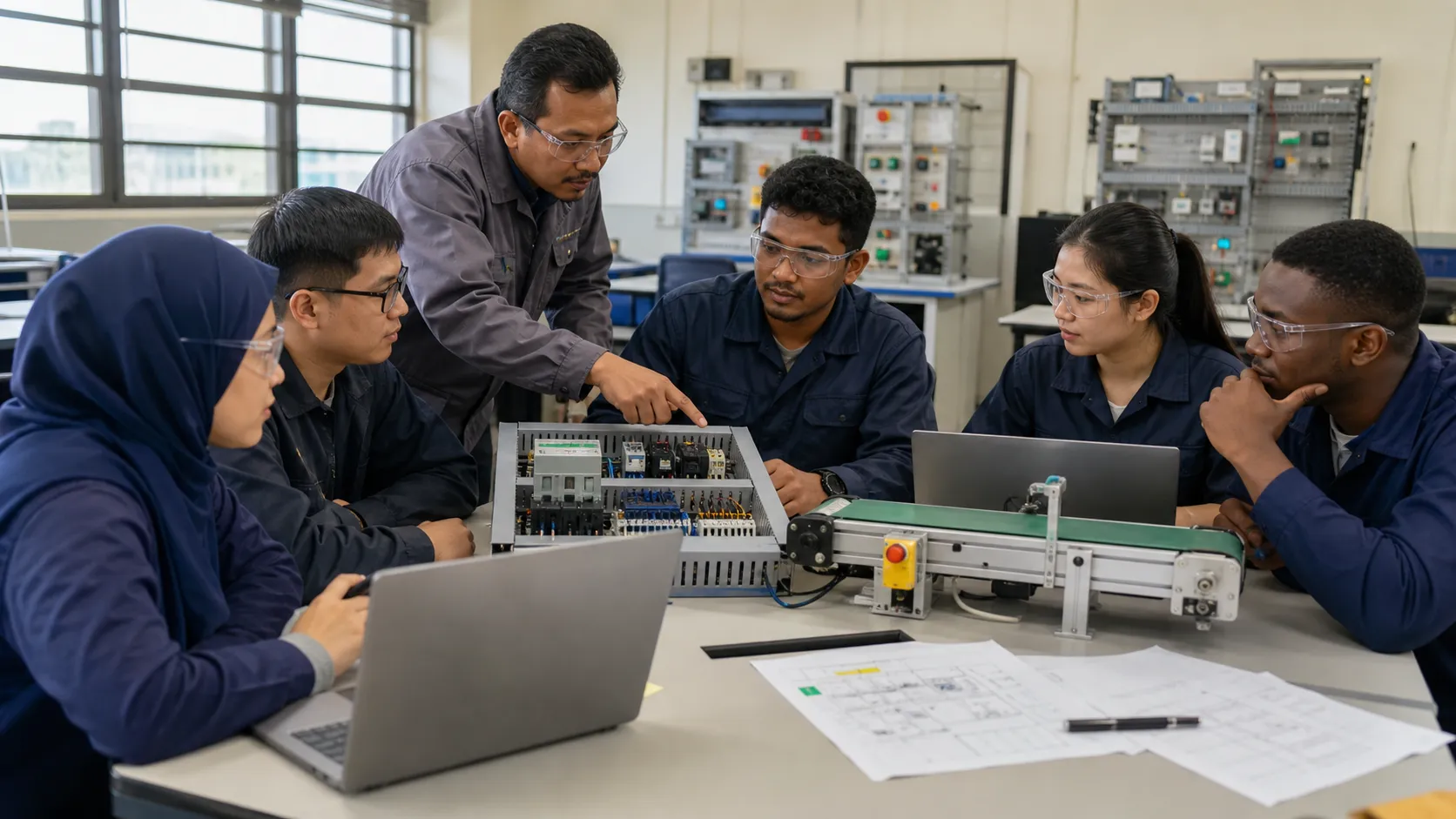 a diverse adult automation class using browser workstations and safe low-energy PLC training equipment with instructor feedback while studying beginner PLC learning from I/O truth to tested machine behavior