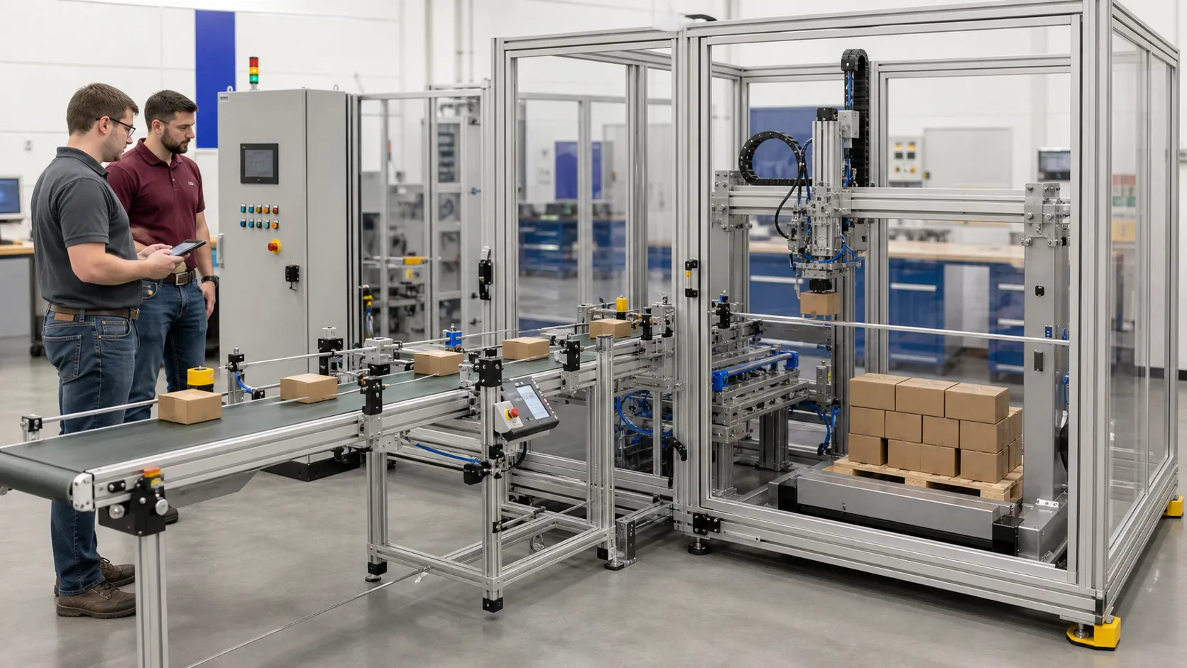 a guarded compact manufacturing cell used to test conveyor sensing, pneumatic transfer, counting, palletizing and recoverable sequence behavior while studying manufacturing simulation requirements, model evidence and software selection