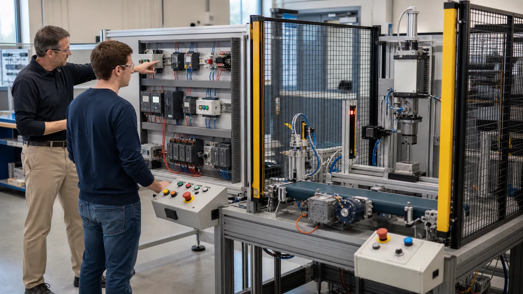 a guarded motor-control and machine-safety training cell used to prove starter, drive, interlock, stop, feedback and restart behavior while studying forward-reverse commands, mutual interlock, stop priority and feedback