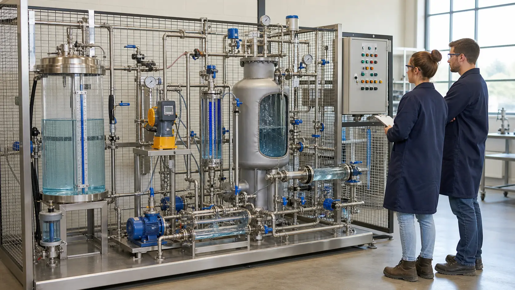 a guarded water-based process training skid used to test dosing, heating, flushing, valve, pump and instrument sequence evidence while studying flushing route, valve proof, flow confirmation and controlled completion