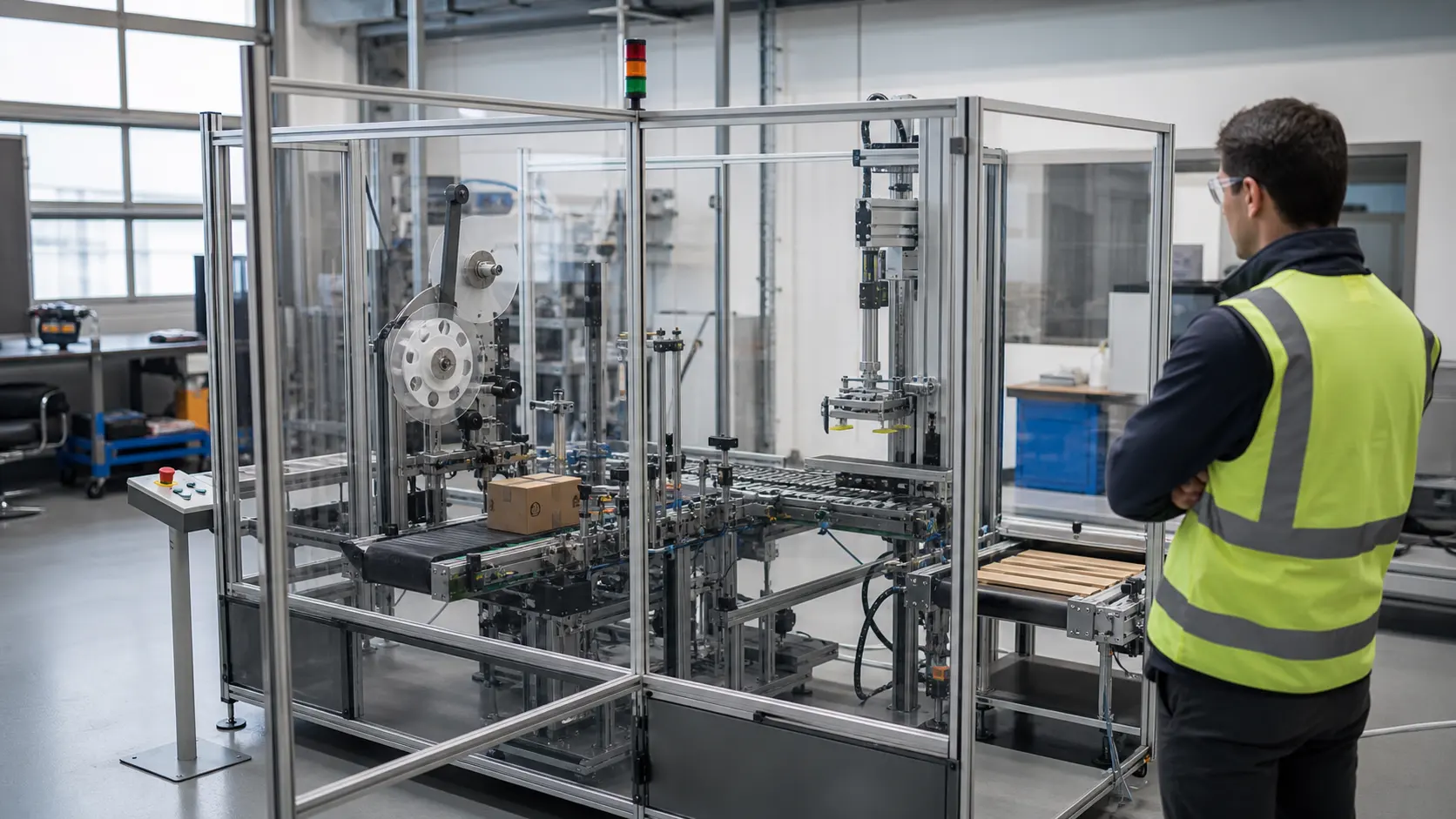 a guarded compact manufacturing cell with conveyor, sensors, pneumatic handling and a labeling station used for repeatable sequence training while studying pick-and-place states, gripping proof, axis interlocks and recoverable transfer