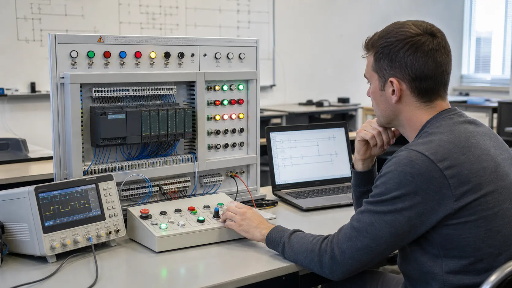 a PLC logic and scan-cycle training station with observable inputs, outputs, timing traces and program state used to prove execution behavior while studying PLC hardware, cyclic execution, I/O, program state, communications and machine feedback