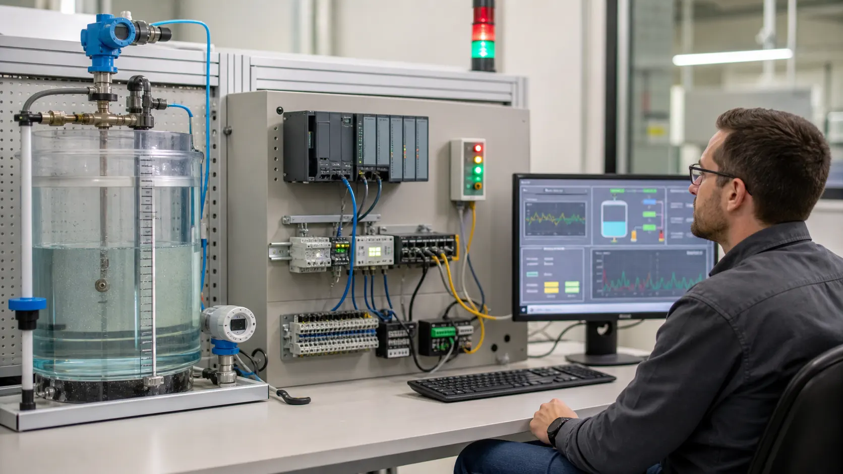 an industrial communications and supervisory-control lab joining a process tank, PLC, network path and operator display for end-to-end data validation while studying SCADA acquisition, quality, alarms, trends, supervisory commands and system boundaries