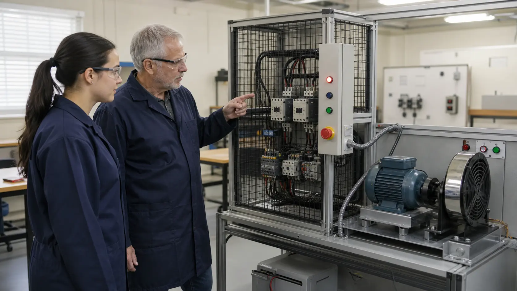 a guarded motor-control training cell with two-speed starter equipment, feedback and protective devices used for safe sequence verification while studying two-speed motor selection, mutual interlock, transition delay and feedback