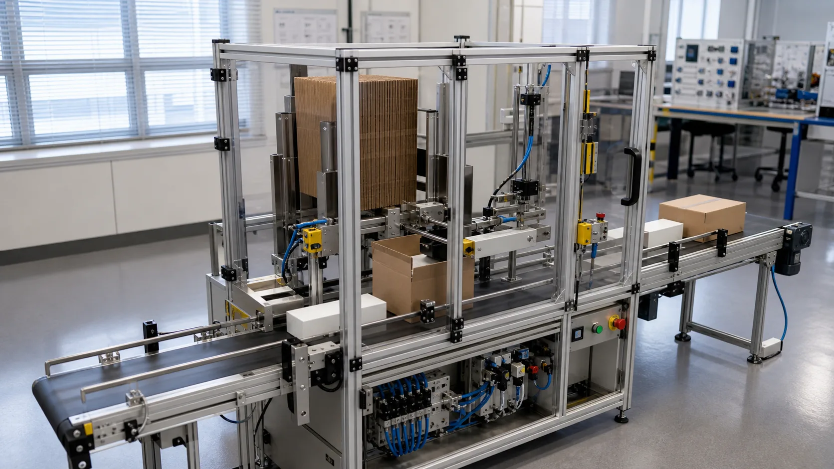 a guarded case-packing training cell with cartons, conveyors, sensors and a pneumatic transfer mechanism while studying case-packer product counting, carton readiness, transfer sequencing and jam recovery