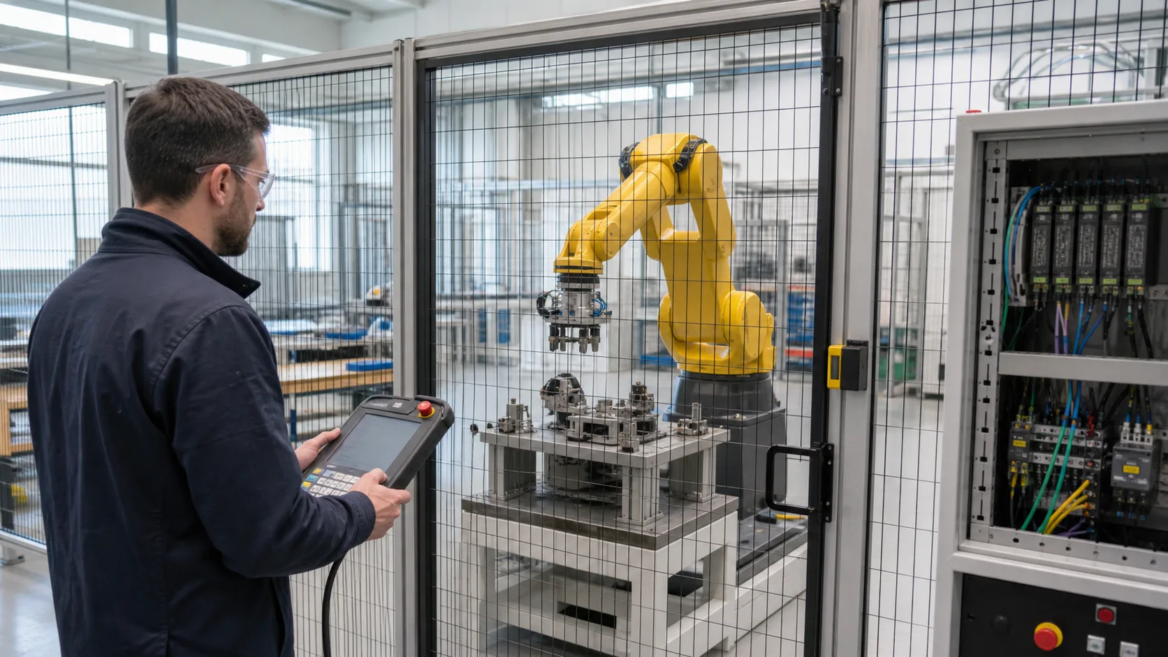 an automation engineer outside a safeguarded six-axis robot cell validating motion, tooling, I/O and recovery while studying KUKA robot frames, motion, I/O handshakes and recovery