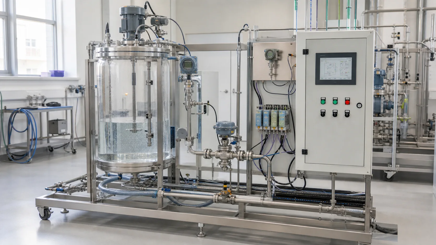 a water-based process instrumentation skid with pressure, temperature, vessel, valve and analog-loop evidence while studying multi-level alarm priority, acknowledgement, shutdown and reset state