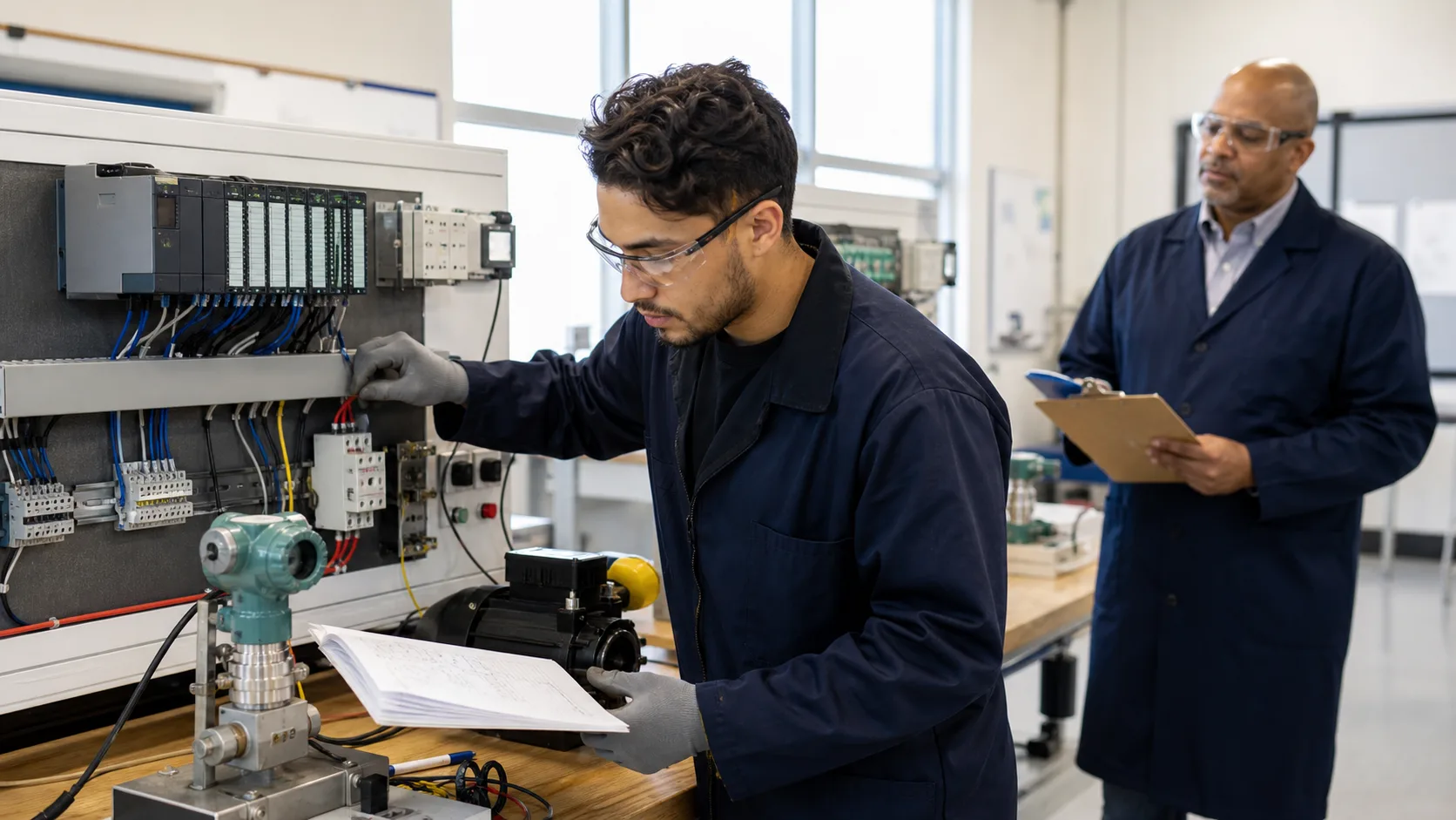 a controls technician completing a supervised practical assessment on generic PLC, motor-control and instrumentation equipment while studying Siemens and Allen-Bradley engineering workflow, execution and learning transfer