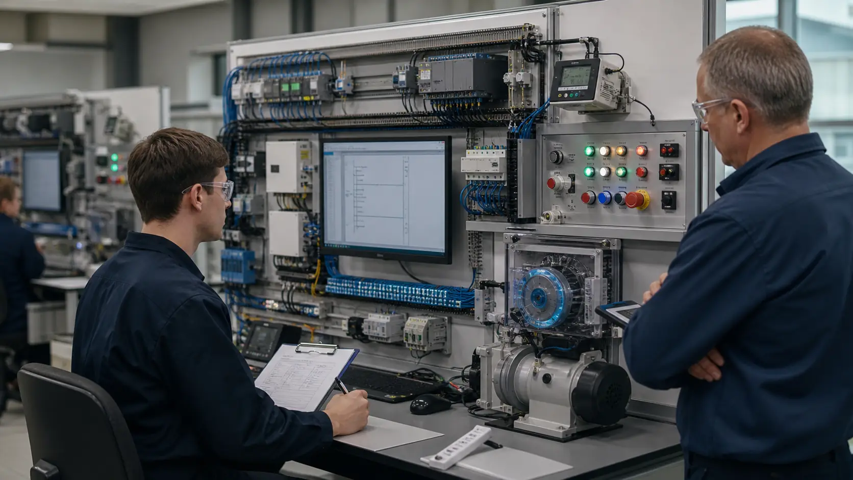 a controls technician completing an evidence-led practical assessment on a generic PLC, alarm, motor and instrumentation bench while studying PLC certification preparation through blueprint mapping, practical scenarios, mock exams and reviewable evidence
