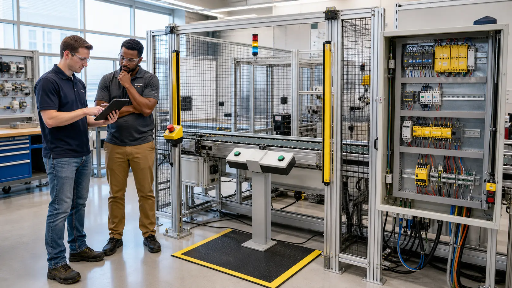 a guarded machine-safety training cell with an emergency stop, two-hand station, safety mat, light curtain and inspectable relay panel while studying pressure-sensitive safety-mat state, channel monitoring, reset and hazardous-motion inhibition