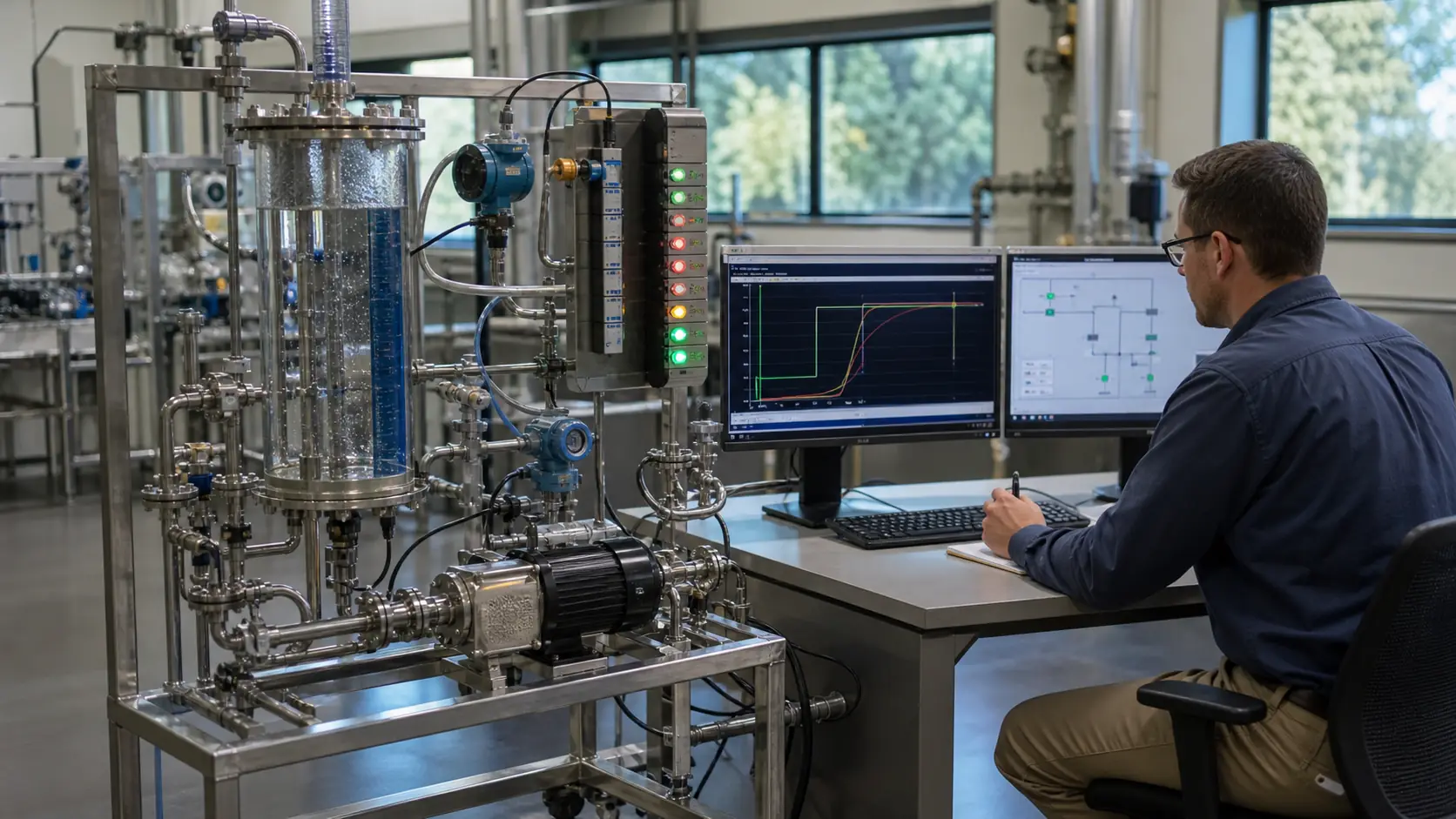 a water-based process skid with vessel, flow transmitter, control valve, pump and observable batch response while studying batch schedule state, equipment allocation, transition proof and interrupted-batch recovery