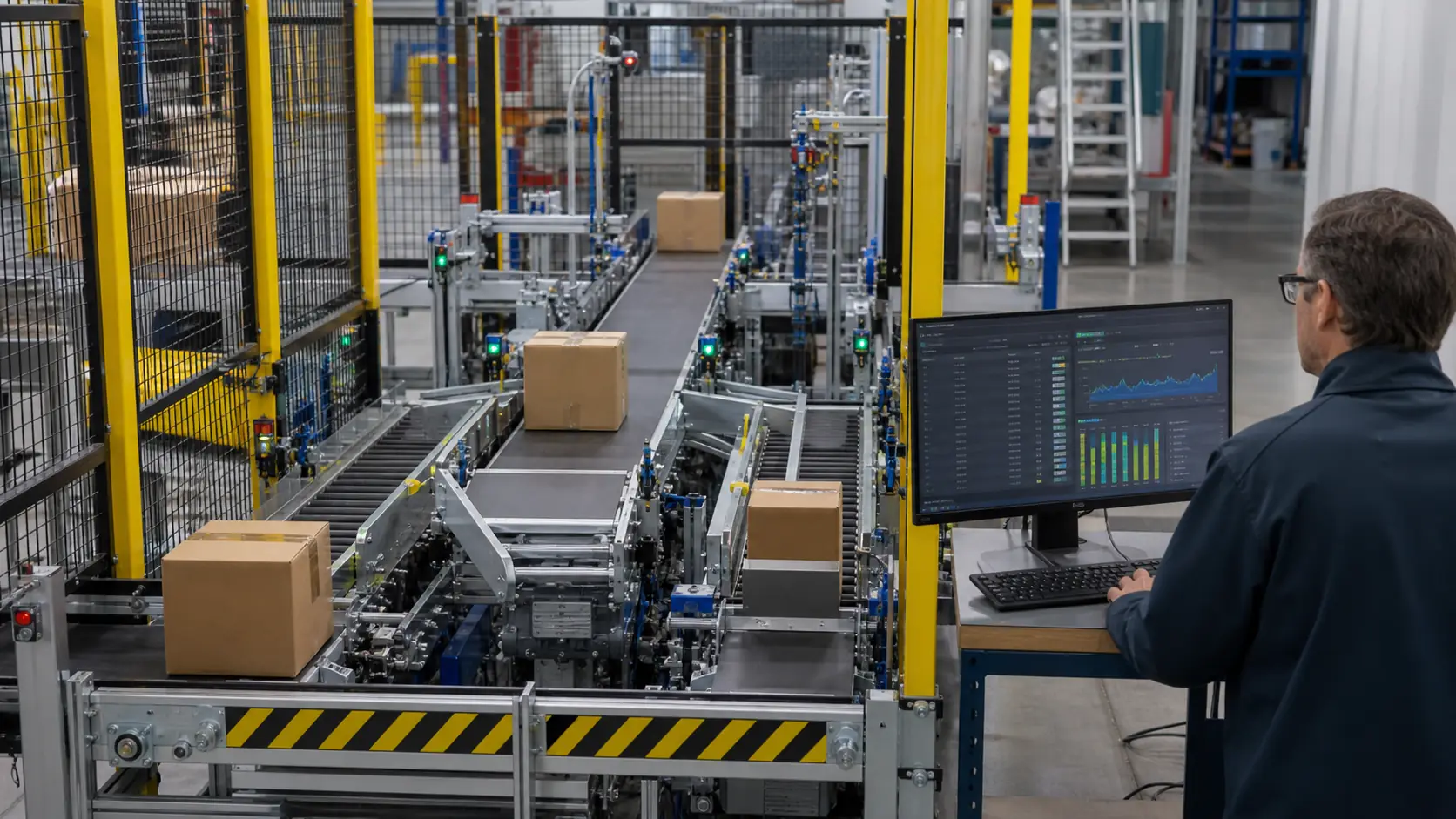 a guarded conveyor sortation cell with three destinations, photoelectric sensing, pneumatic diversion and package confirmation while studying three-destination routing, package tracking, actuator confirmation and jam recovery