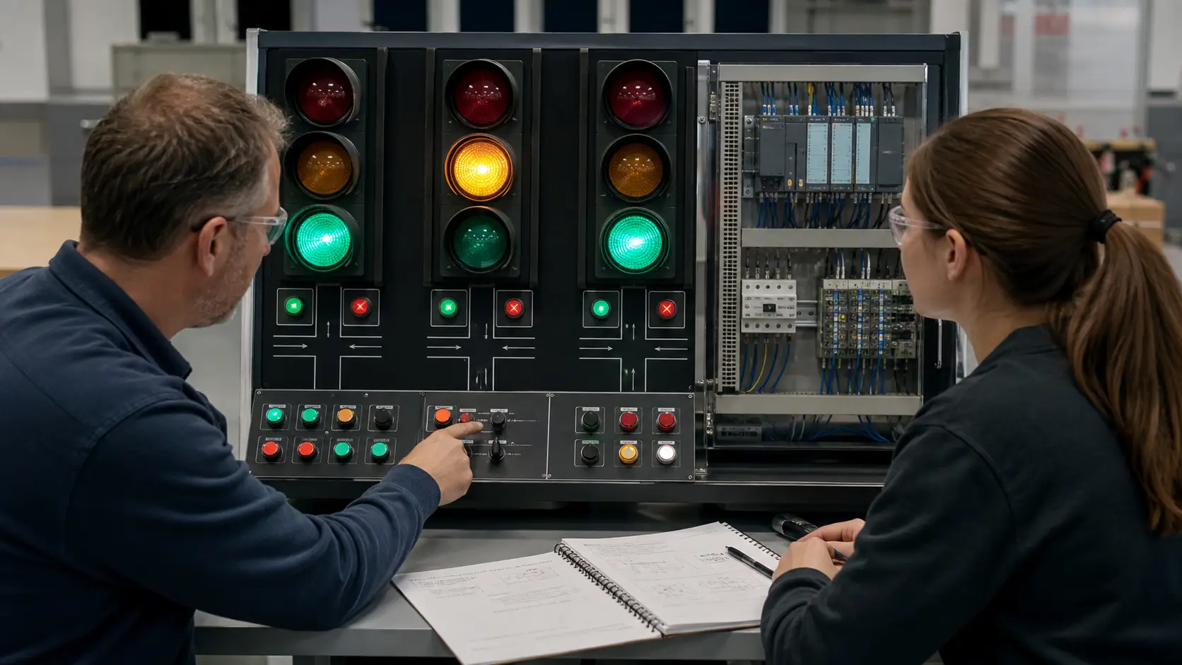 a traffic-signal sequence training panel with manual controls, three lamp states, PLC I/O and reviewable test evidence while studying manual red, yellow and green output selection with mutual exclusion and deterministic priority