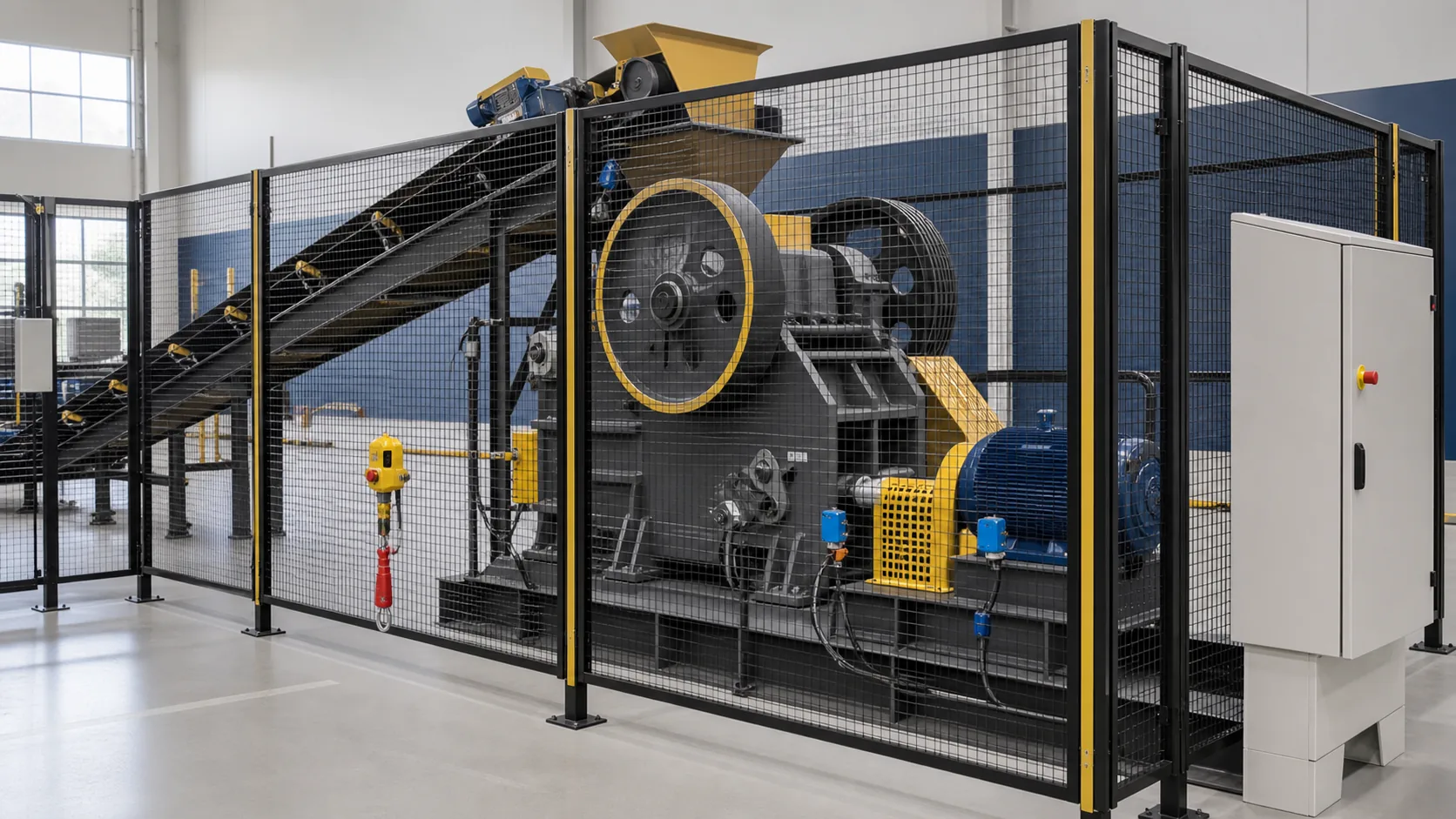 a guarded educational crusher and conveyor cell with pull-cord, blocked-chute, speed, vibration and bearing-temperature protection inputs while studying crusher and conveyor permissives, trip evidence, coast-down and controlled restart