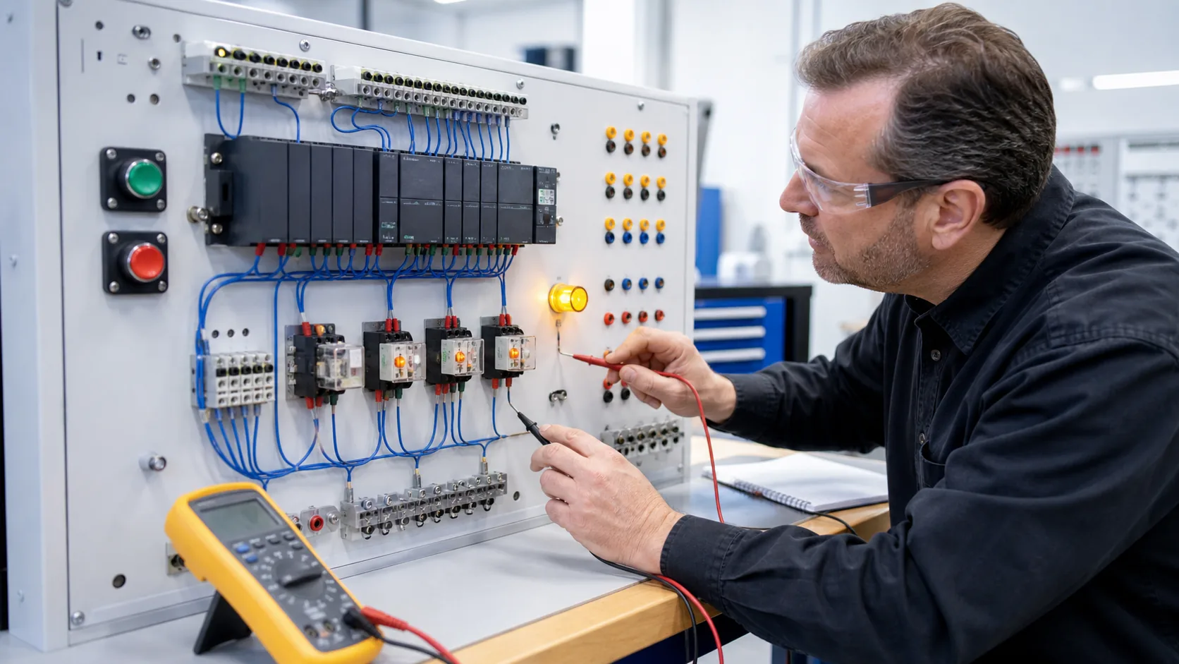 an unbranded touch-safe PLC output and seal-in fault-training bench with pushbuttons, relay indicators, terminal blocks and multimeter test points while studying PLC digital-output wiring from controller command through interface, load supply and physical feedback