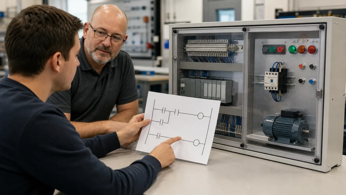 Automation instructor and learner compare a simple ladder diagram with a guarded PLC motor-control training bench.