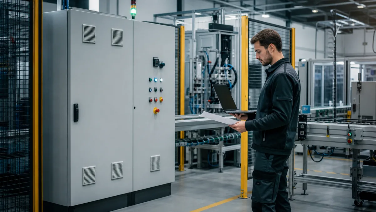 PLC programmer reviews a laptop and commissioning checklist beside a guarded conveyor and closed control cabinet.