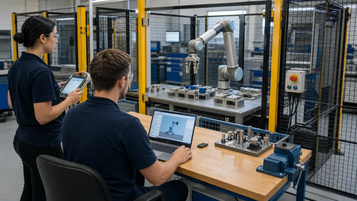 Two automation learners use a laptop and training pendant outside a guarded six-axis robot cell.